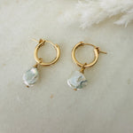 Load image into Gallery viewer, Pair of 14k gold-filled hoop earrings with removable natural Keshi pearl charms
